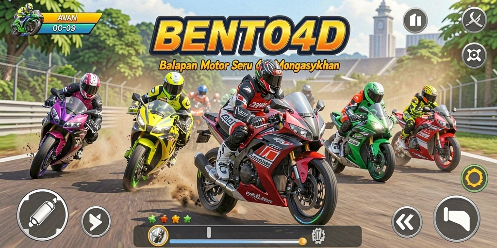 Screenshot dari gameplay seru BENTO4D dalam balapan motor.