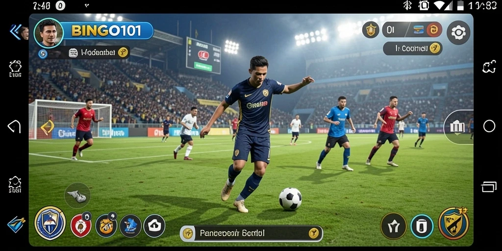 Tampilan gameplay BINGO101 yang menampilkan aksi olahraga sepak bola.