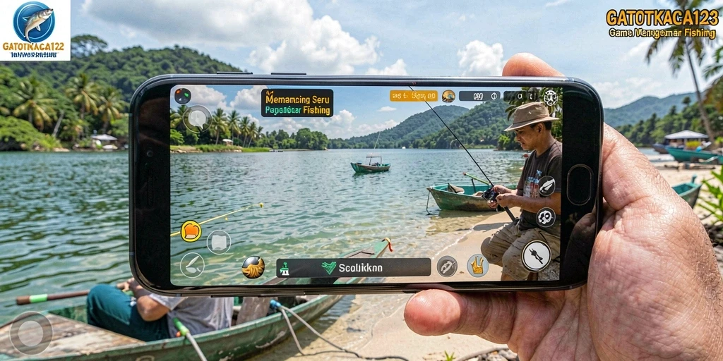 Tampilan menarik dari gameplay GATOTKACA123 saat memancing di danau.