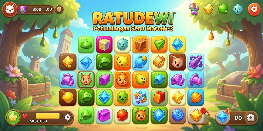Screenshot gameplay RATUDEWI menampilkan aksi mencocokkan elemen Match-3 yang seru.